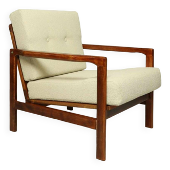 Fauteuil vintage scandinave beige boucle hêtre restauré