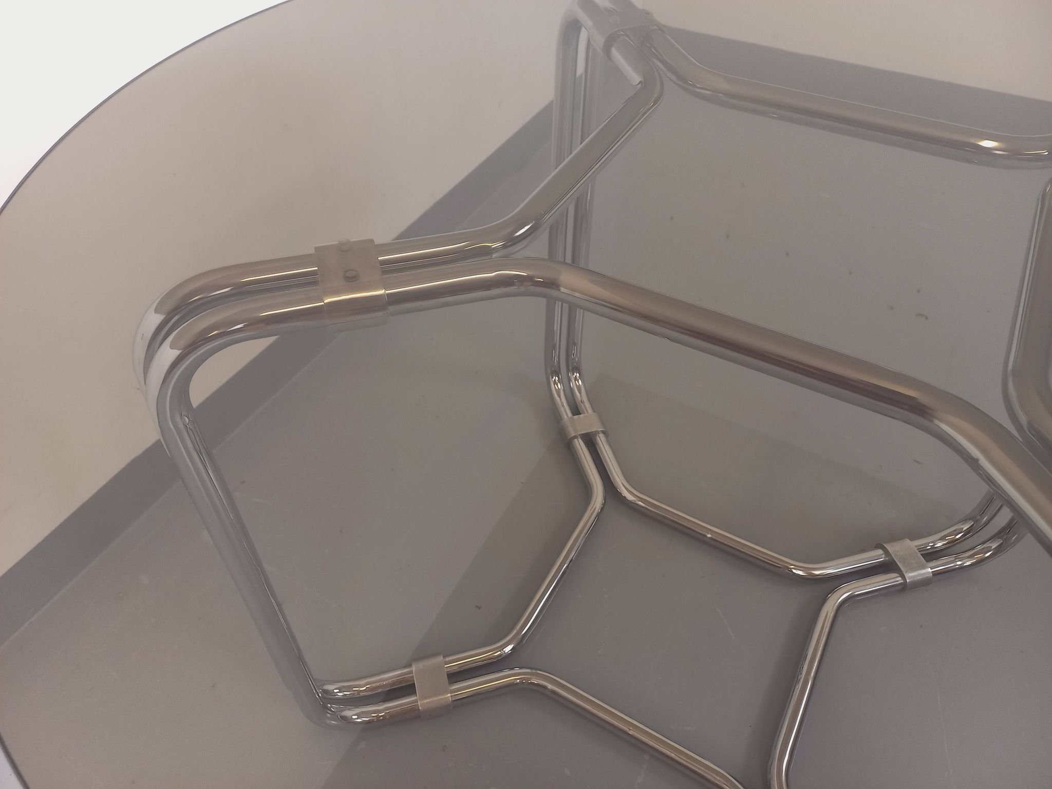Vintage round dining table in smoked glass and chrome metal