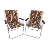 Paire de chaises anciennes de jardin pliantes en métal aluminium et tissu fleurs années 70