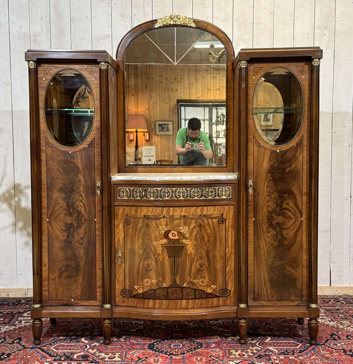 Art Deco buffet in mahogany, oak, and marble top.