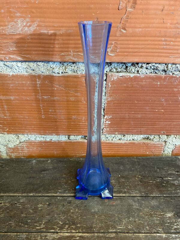 Vase Soliflore Ancien Verre Bleu Vertical Vintage Début XXeme #D755