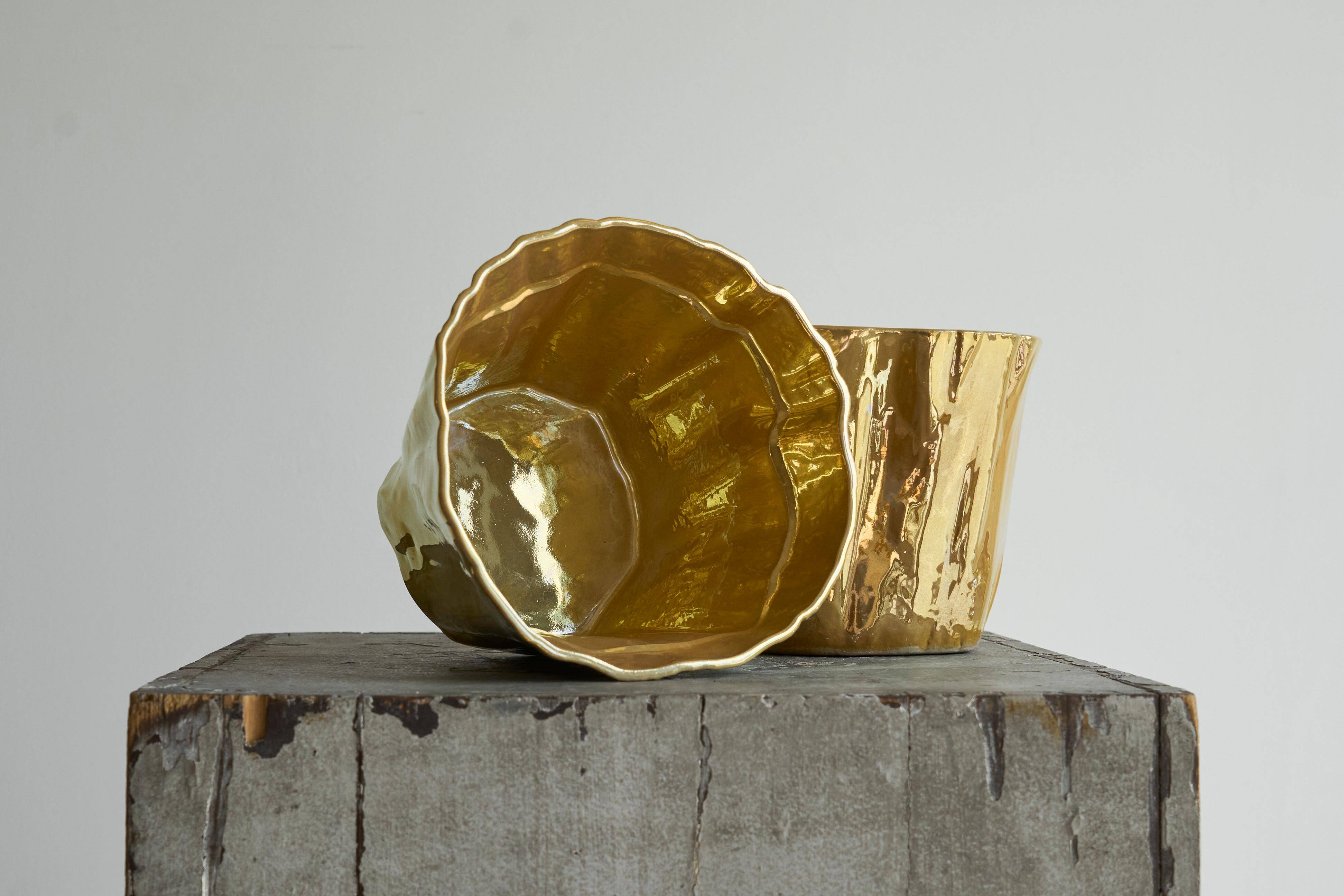 Pair of Kasper Mobach vases in pottery with golden glaze from the 1990s.
