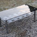 Table basse design en acier brossé plateau en verre fumé 1970