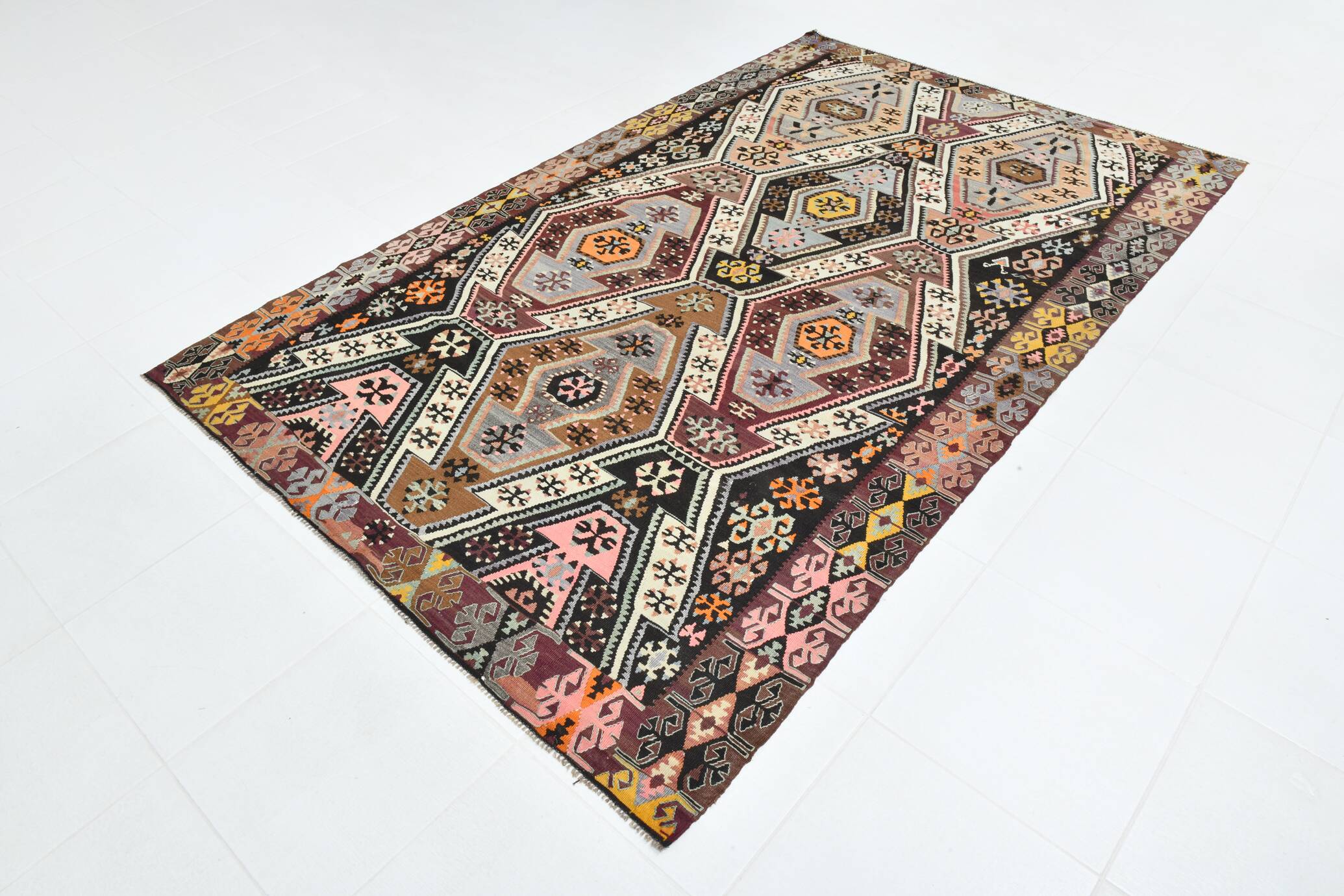 6x9 Wine Red Anatolian Kilim Rug, Faded Pink Oushak Wool Rug, 168x274Cm