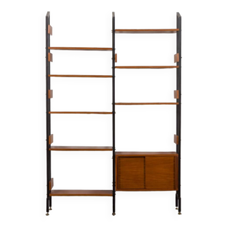 Italian two bay wall unit with sliding door cabinet and 8 shelves, 1950s