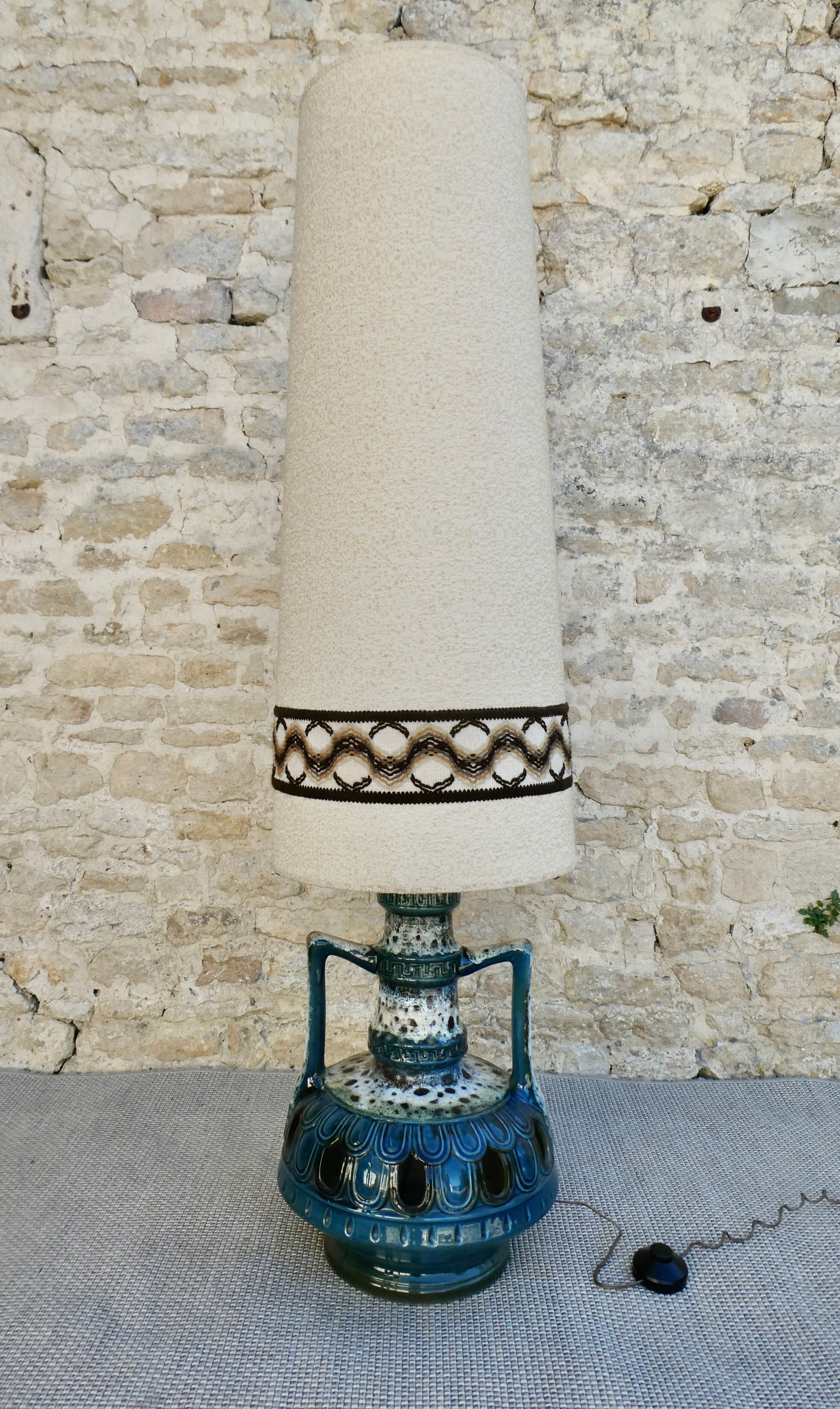 Blue ceramic floor lamp, Fat Lava, double lighting, 70s