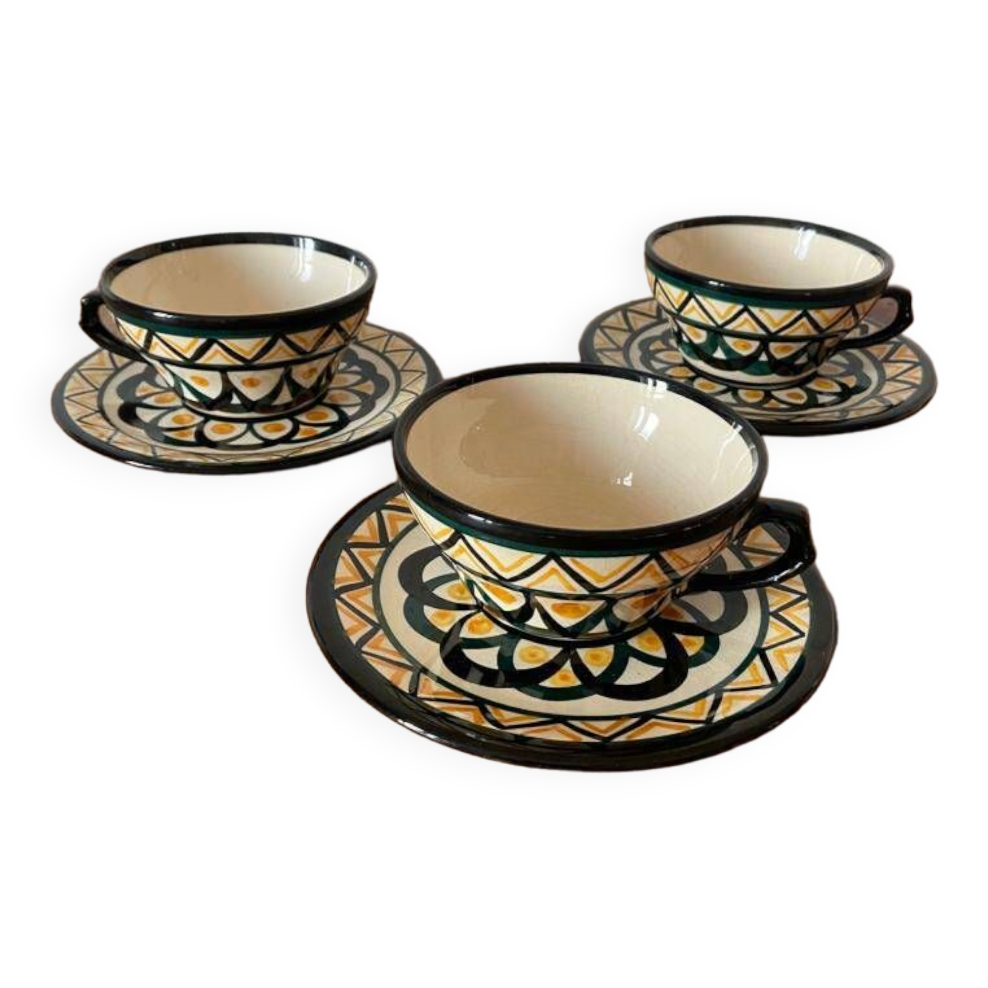 Set of 3 Breton earthenware cups & saucers