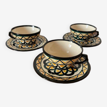 Set of 3 Breton earthenware cups & saucers