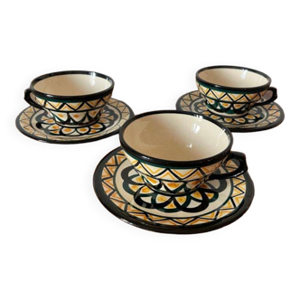 Set of 3 Breton earthenware cups & saucers