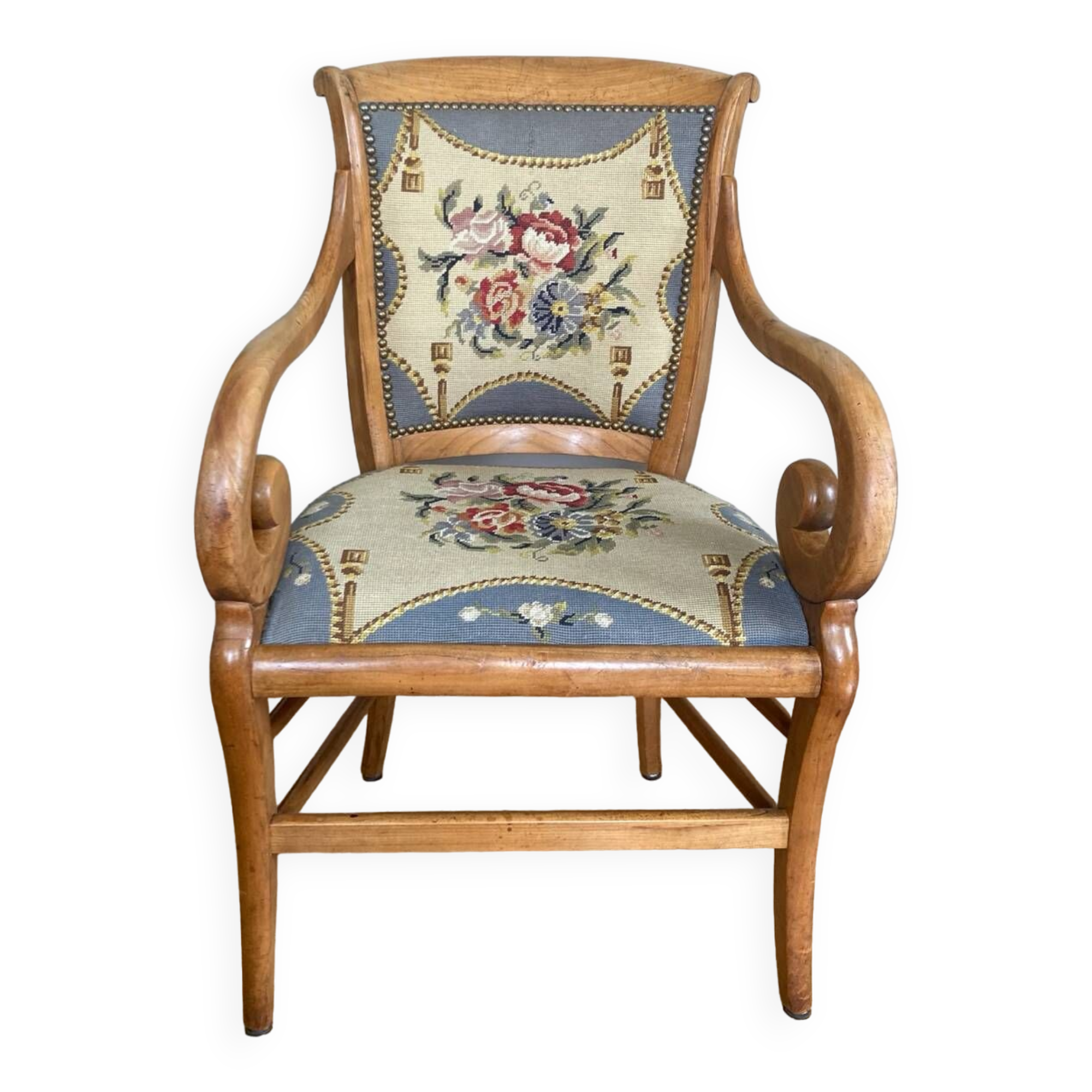 19th century St Empire armchair in pegged blond walnut with cross-stitched tapestries