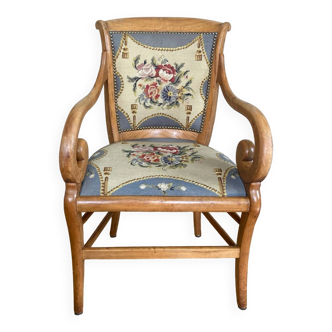 19th century St Empire armchair in pegged blond walnut with cross-stitched tapestries