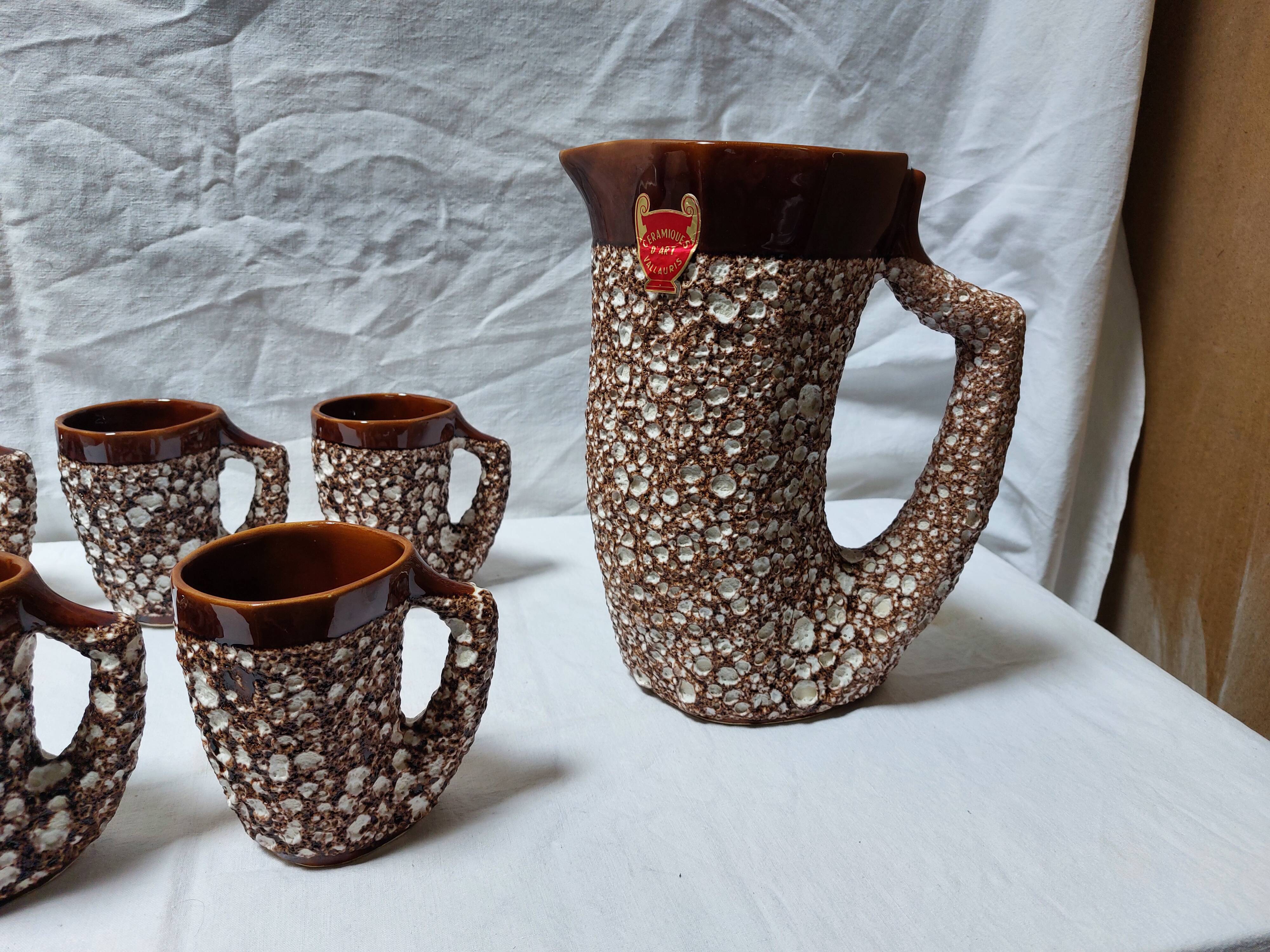 Vintage Vallauris orangeade service with 6 brutalist ceramic glasses.