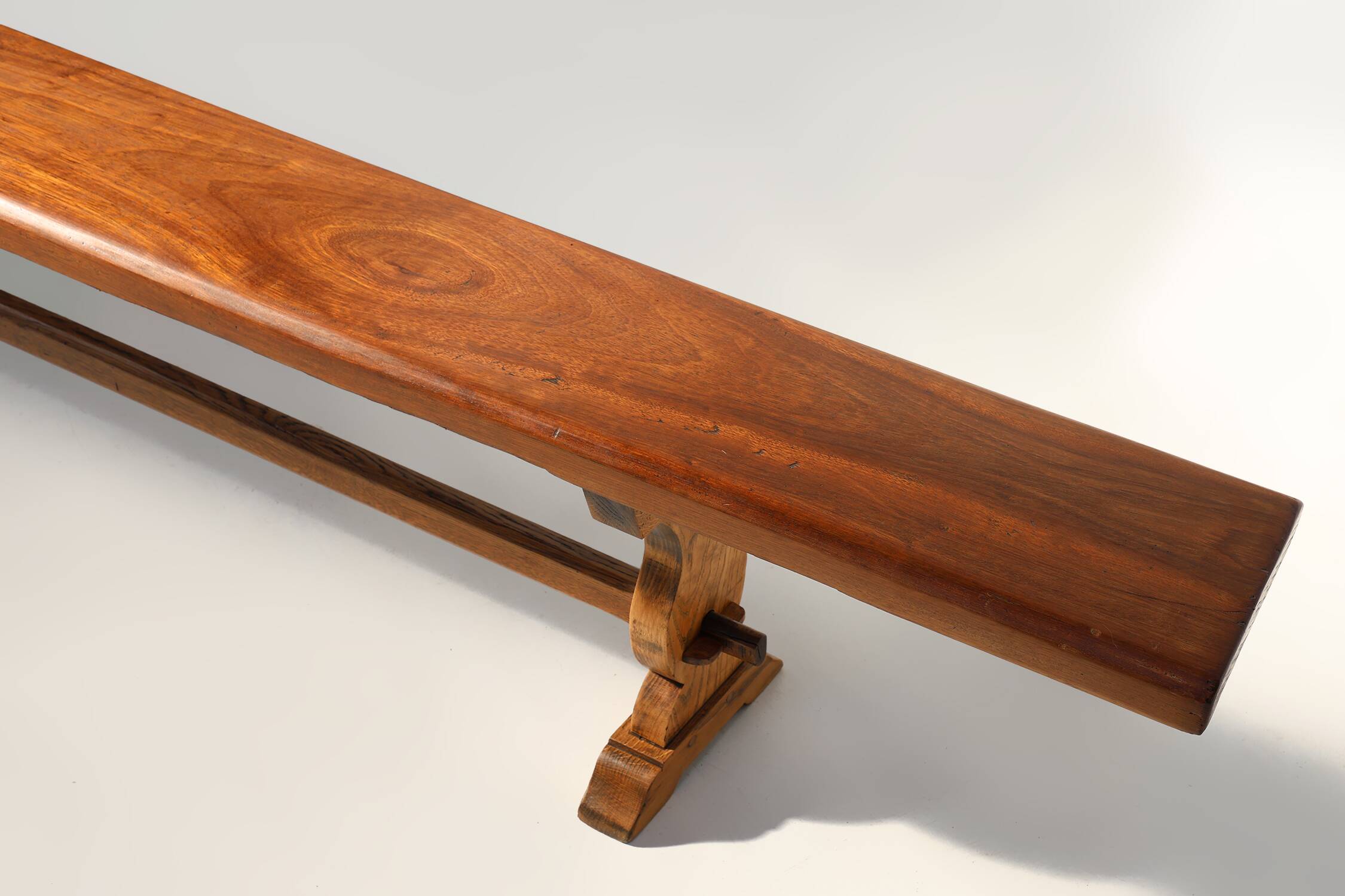 French Extra long solid elm wooden monastery bench, ca. 1850