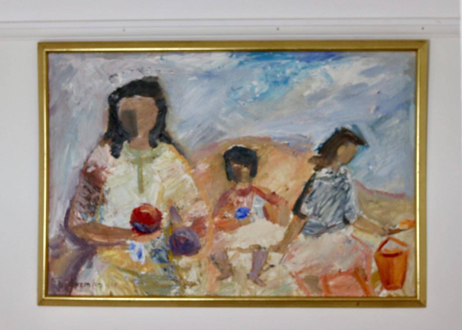 Large Swedish Mid-Century Oil on Panel" Beach" by Stig Thiderman (1920-1973) - Vintage and Framed