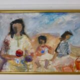 Large Swedish Mid-Century Oil on Panel" Beach" by Stig Thiderman (1920-1973) - Vintage and Framed