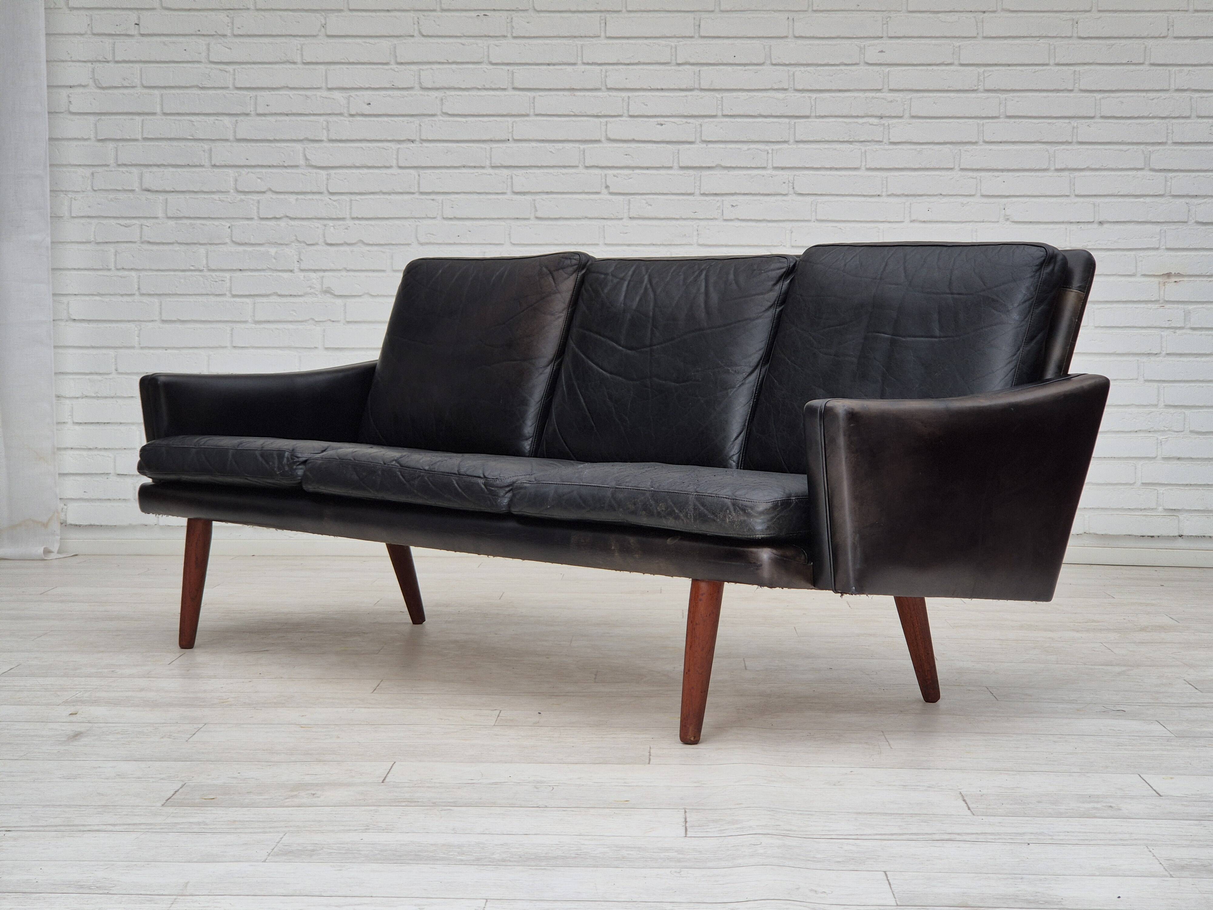 1970s, Danish design, 3 seater sofa, original condition, leather, teak wood.