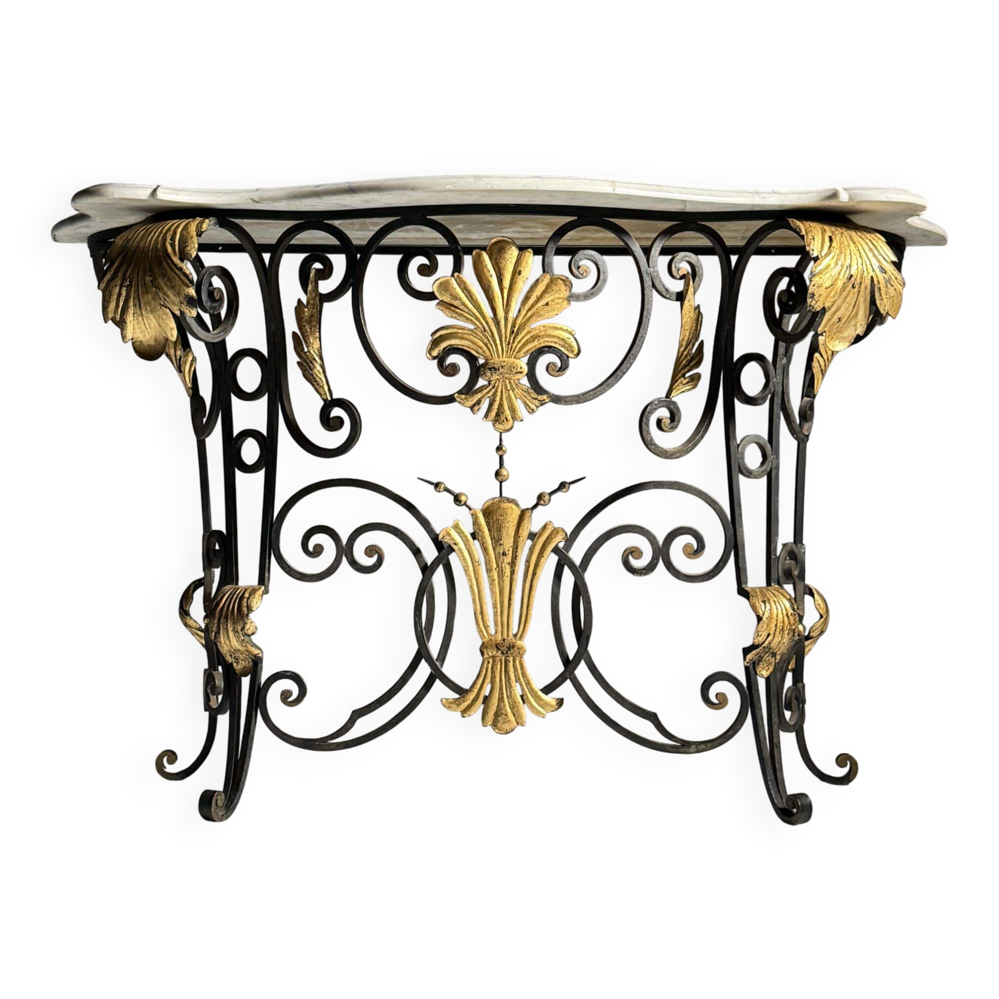 Table console en fer forgé avec marbre, années 1950