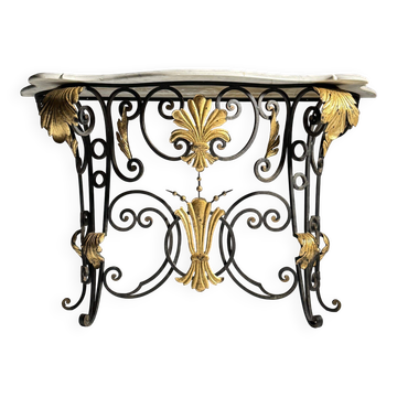 Table console en fer forgé avec marbre, années 1950
