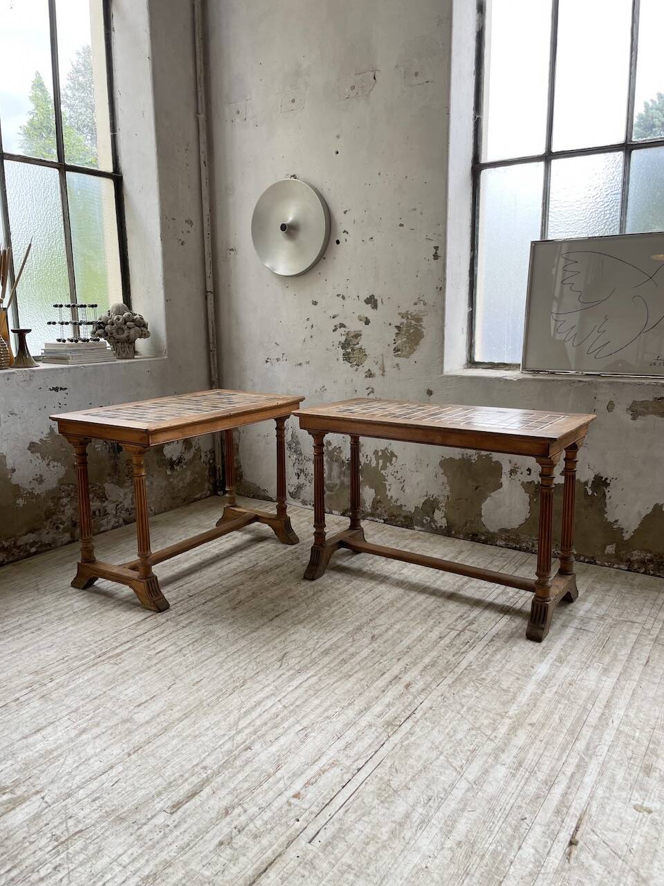 Set of two bistro tables in walnut and tiling from 1890.
