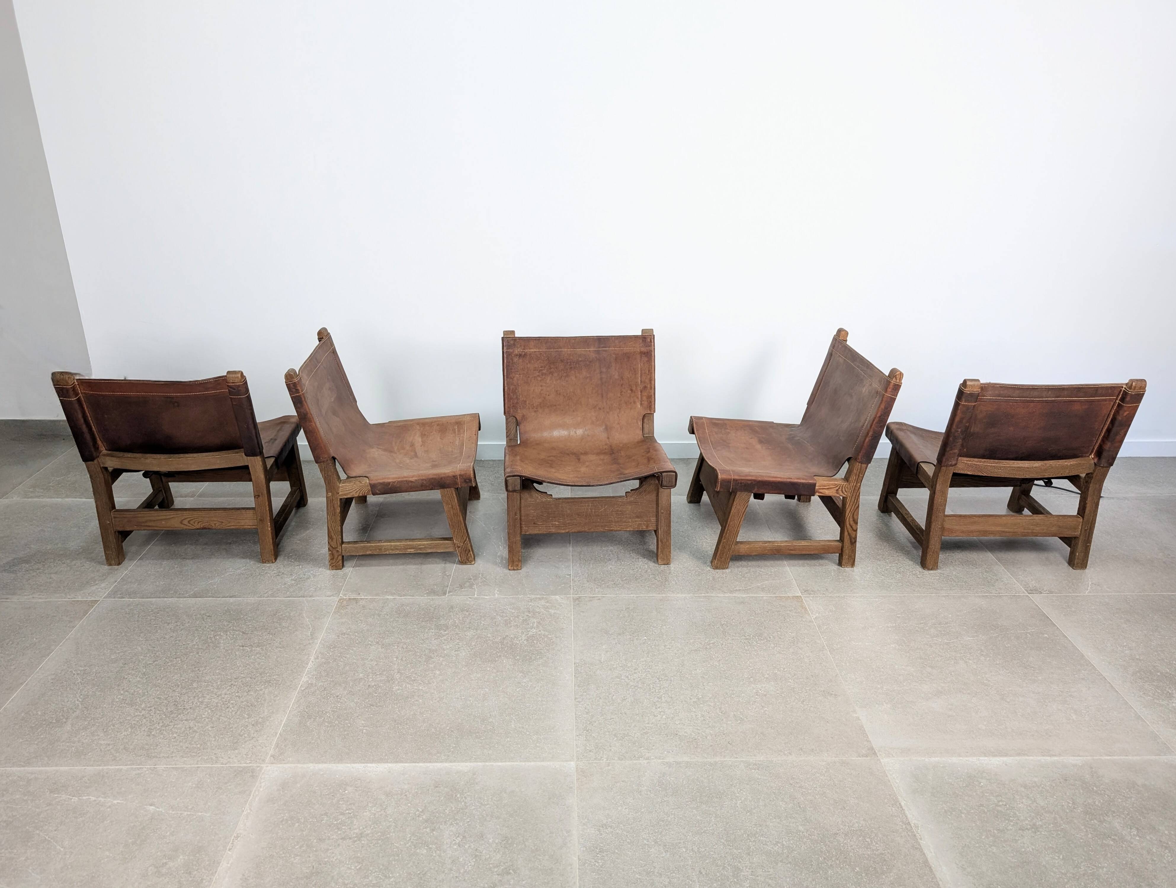 Set of 5 Spanish Leather and Oak Chairs