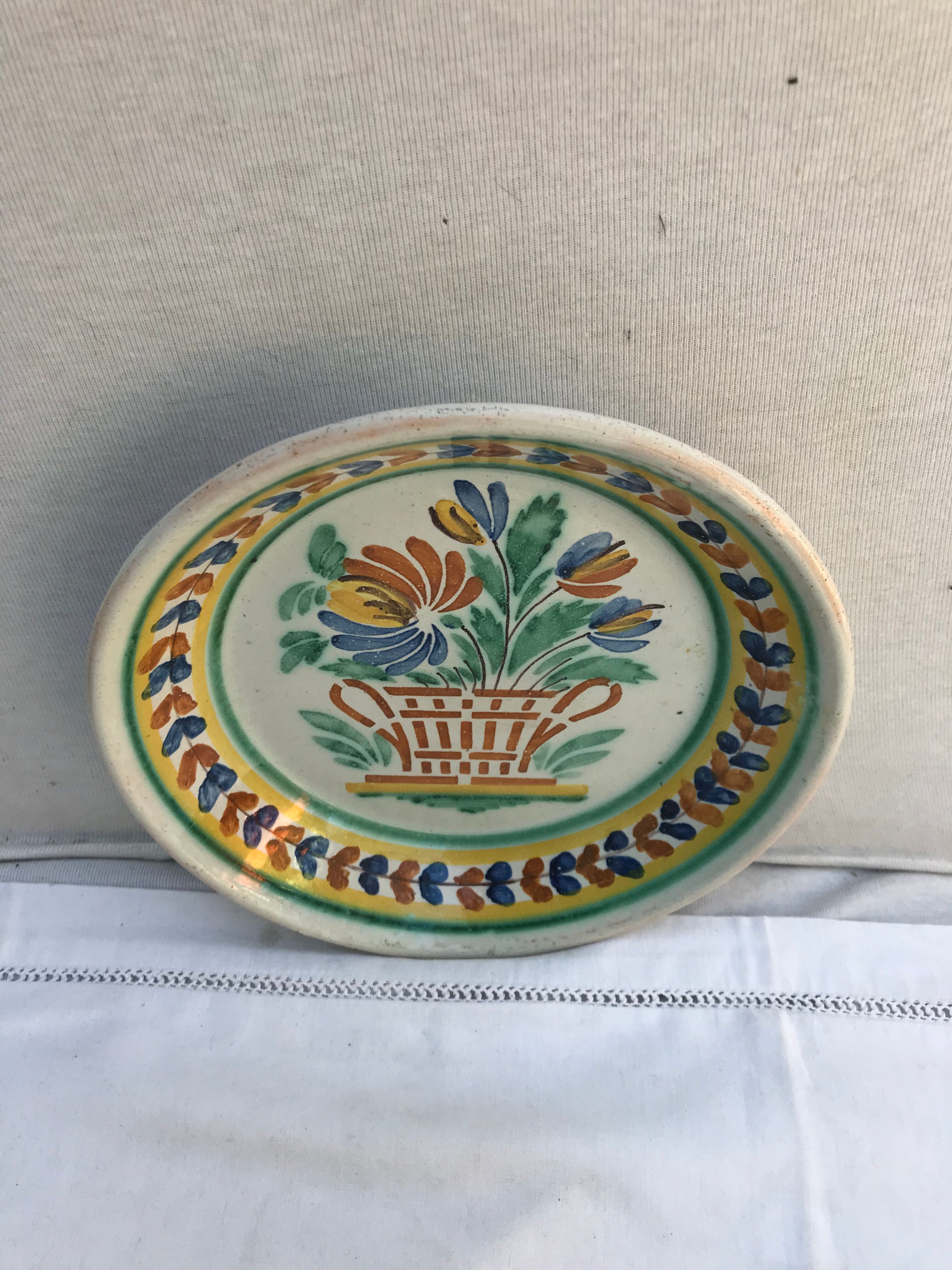 Ancient Plate Deco Ceramics White Drawings Flowers Painted Vintage