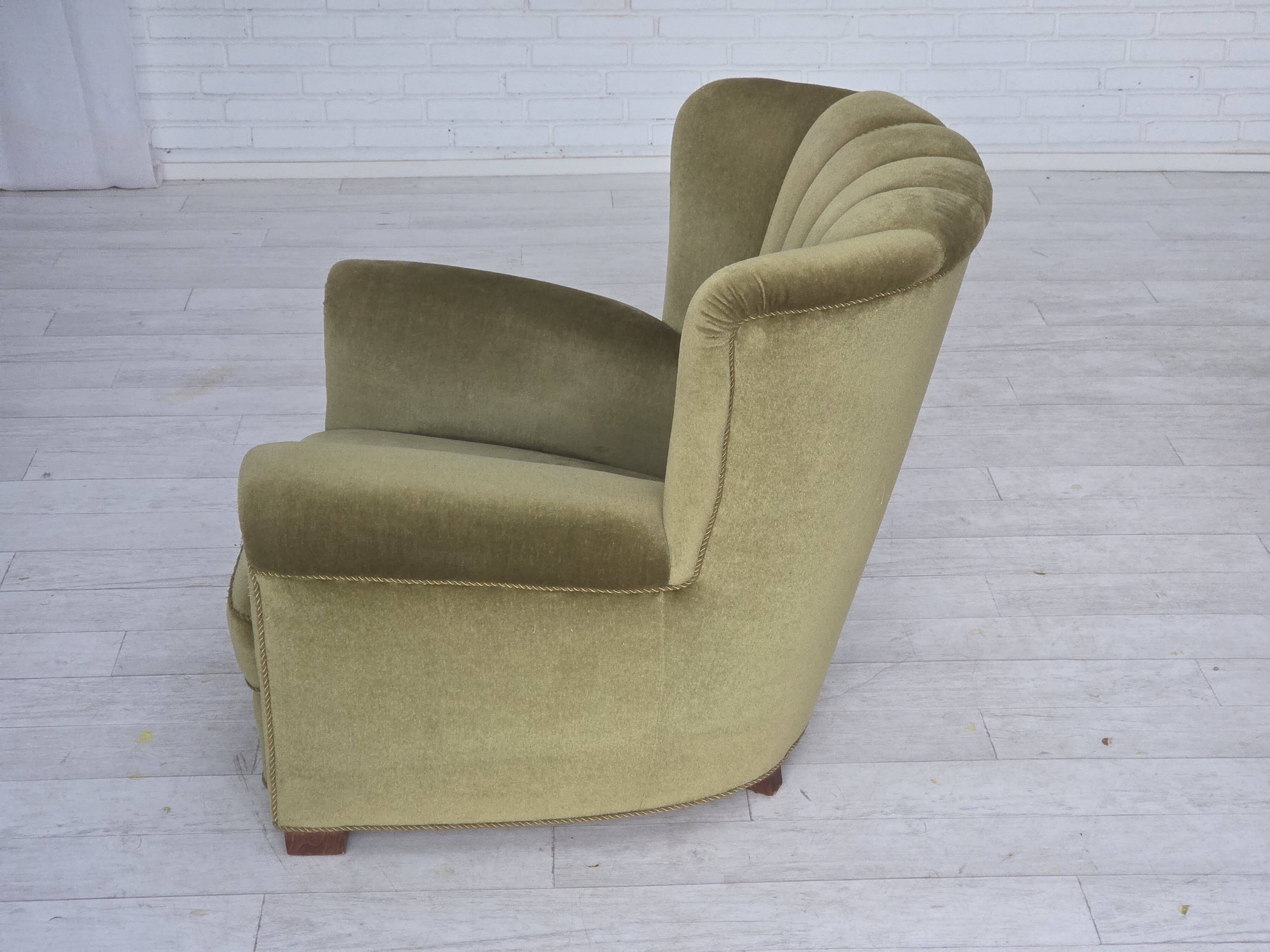 1960s, Danish relax armchair, original green furniture velour, beech wood.