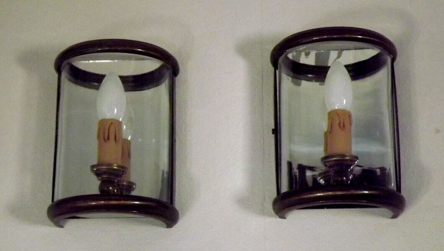 Pair french country brass & curved glass wall lights mirrored back plate 3965