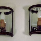 Pair french country brass & curved glass wall lights mirrored back plate 3965