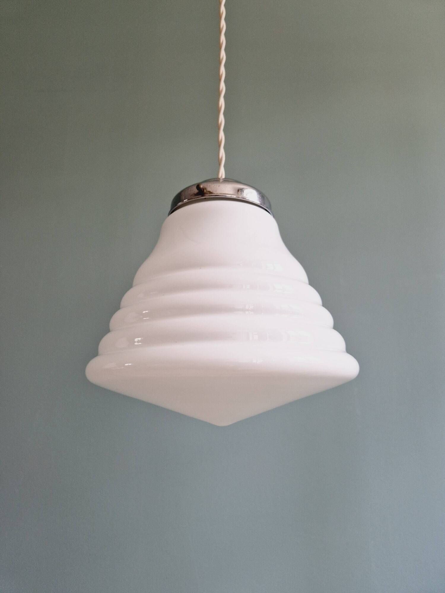 Art Deco conical pendant light in white opaline, 1920s-30s