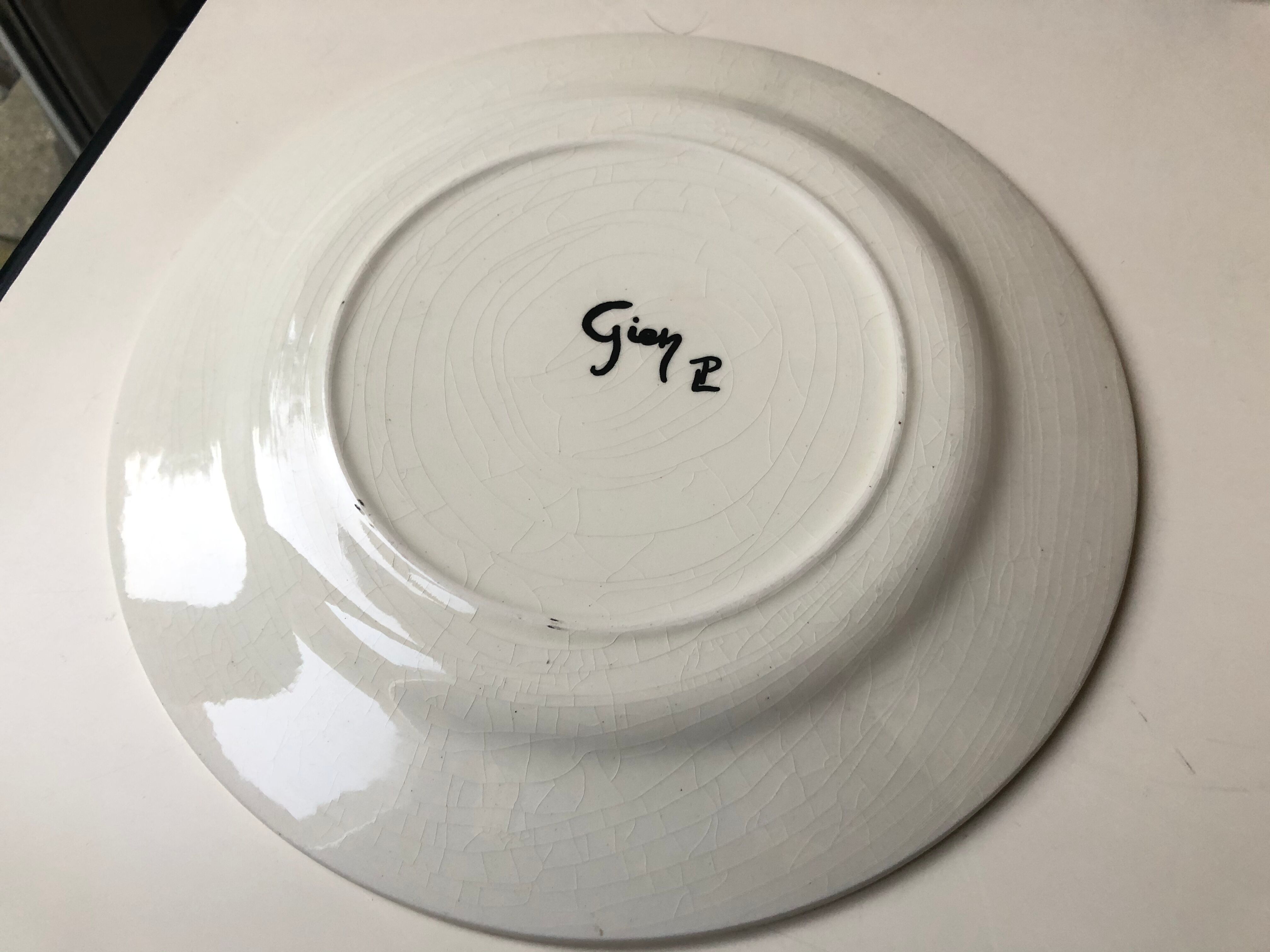 Assiette faïence de Gien vintage 1900 signature olographe monogramme PL