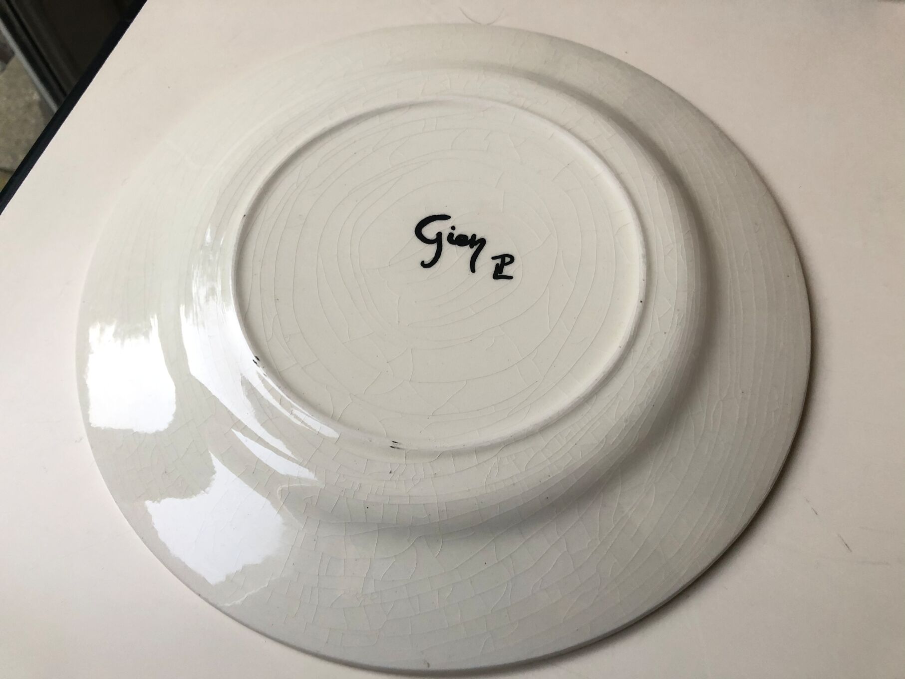 Assiette faïence de Gien vintage 1900 signature olographe monogramme PL