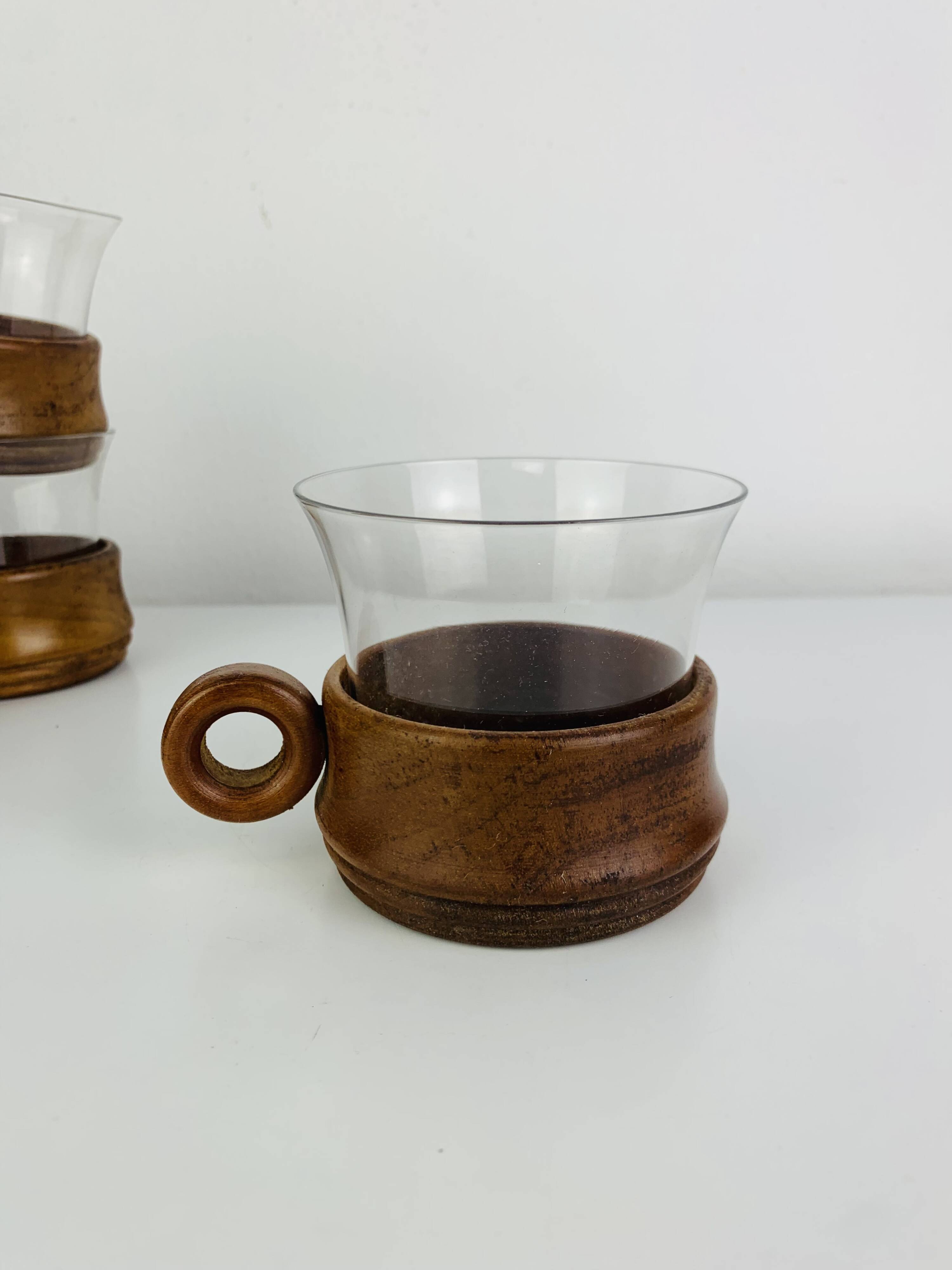 6 glass and teak cups in Scandinavian style, 1960s