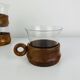 6 glass and teak cups in Scandinavian style, 1960s