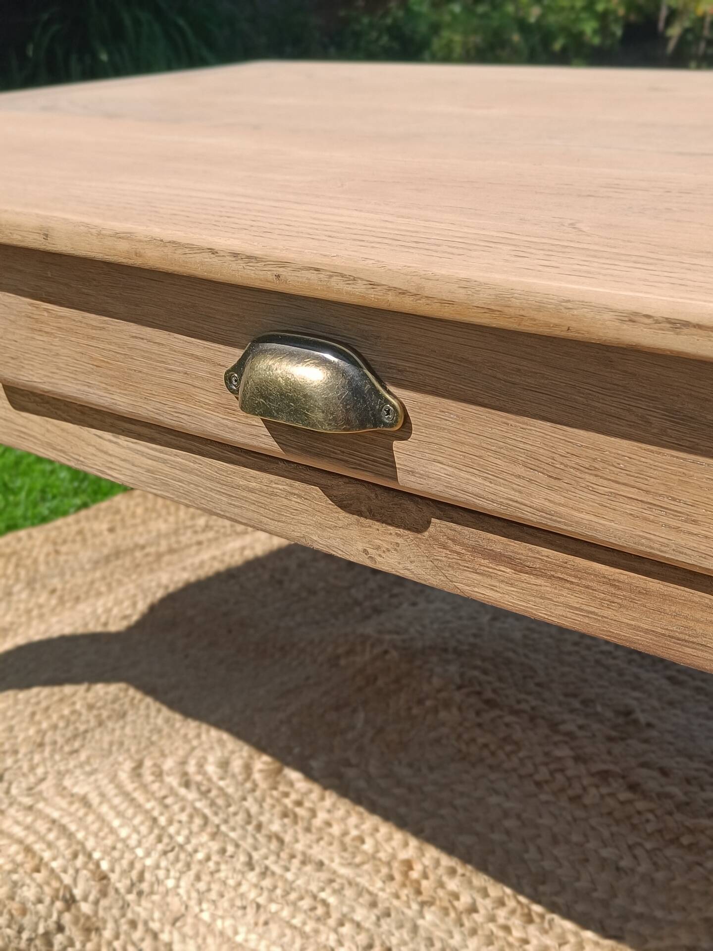 Large restored antique coffee table in solid oak.