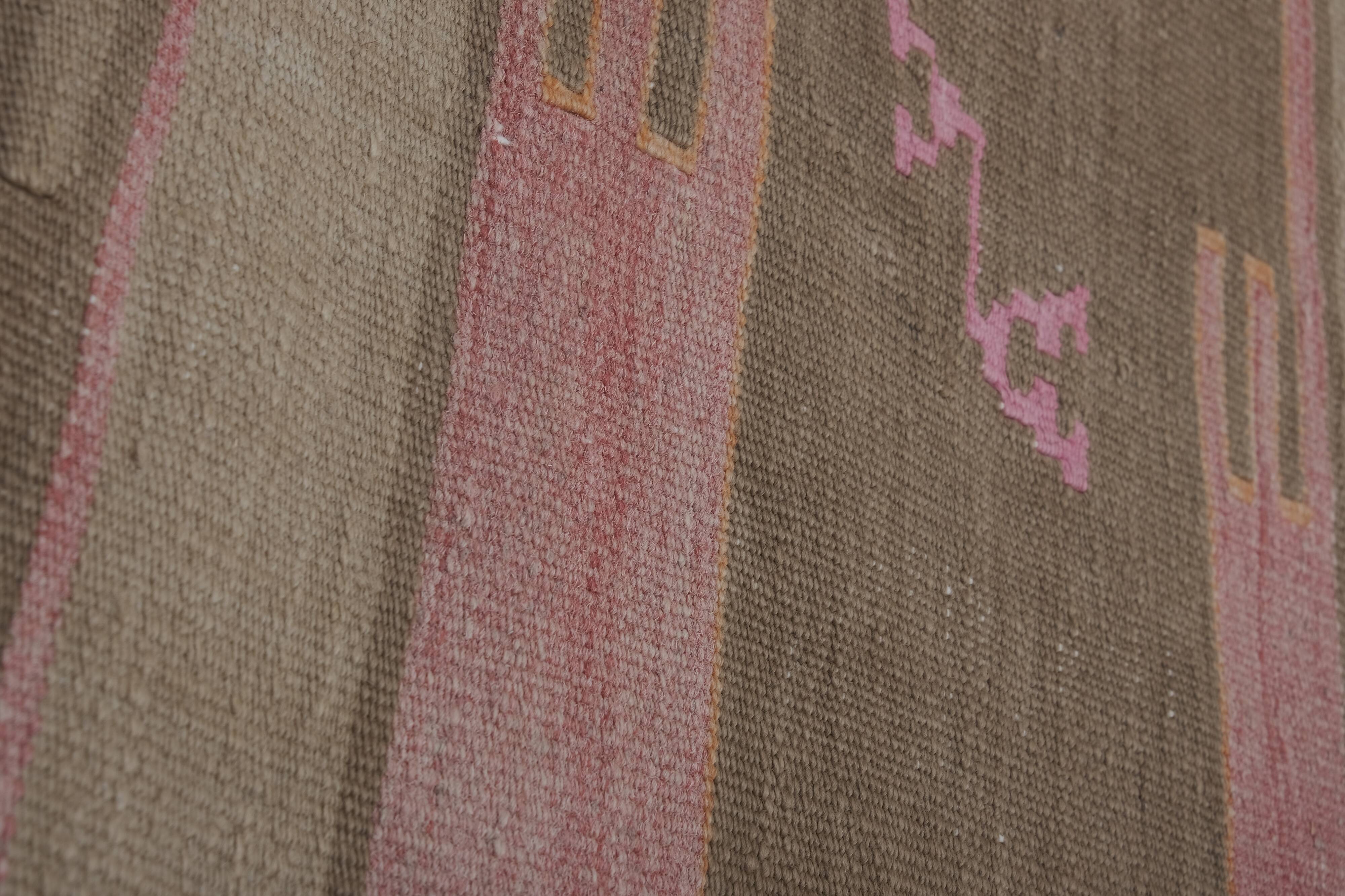 Handwoven Vintage Sivas Kilim Runner in Green Geometric Pattern 2'8'' x 12'6''