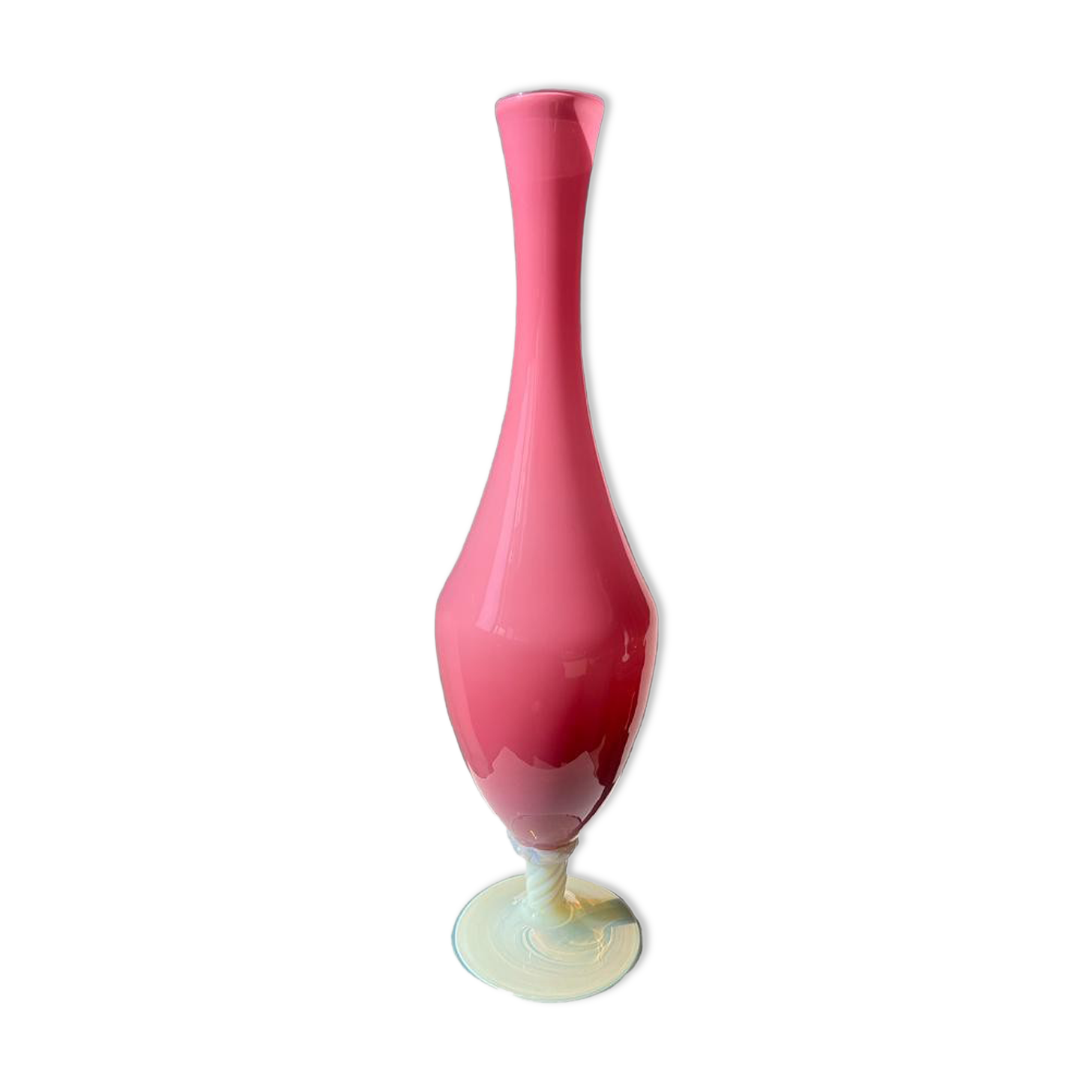 Vintage pink opaline glass vase, white foot h: 53cm