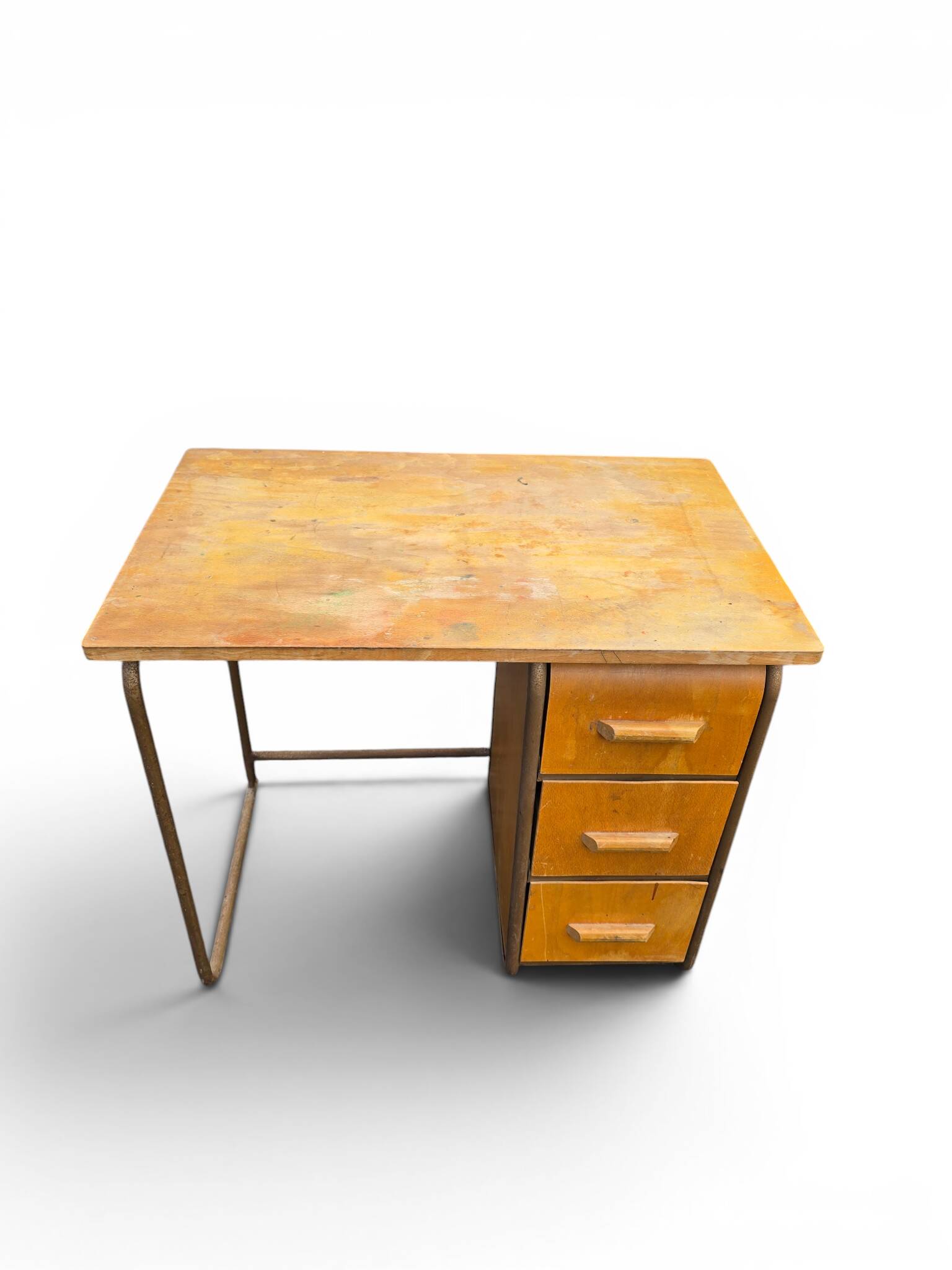 Vintage 1950s desk made of wood and metal with a 3-drawer unit.