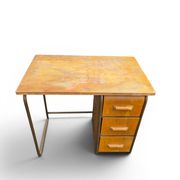 Vintage 1950s desk made of wood and metal with a 3-drawer unit.