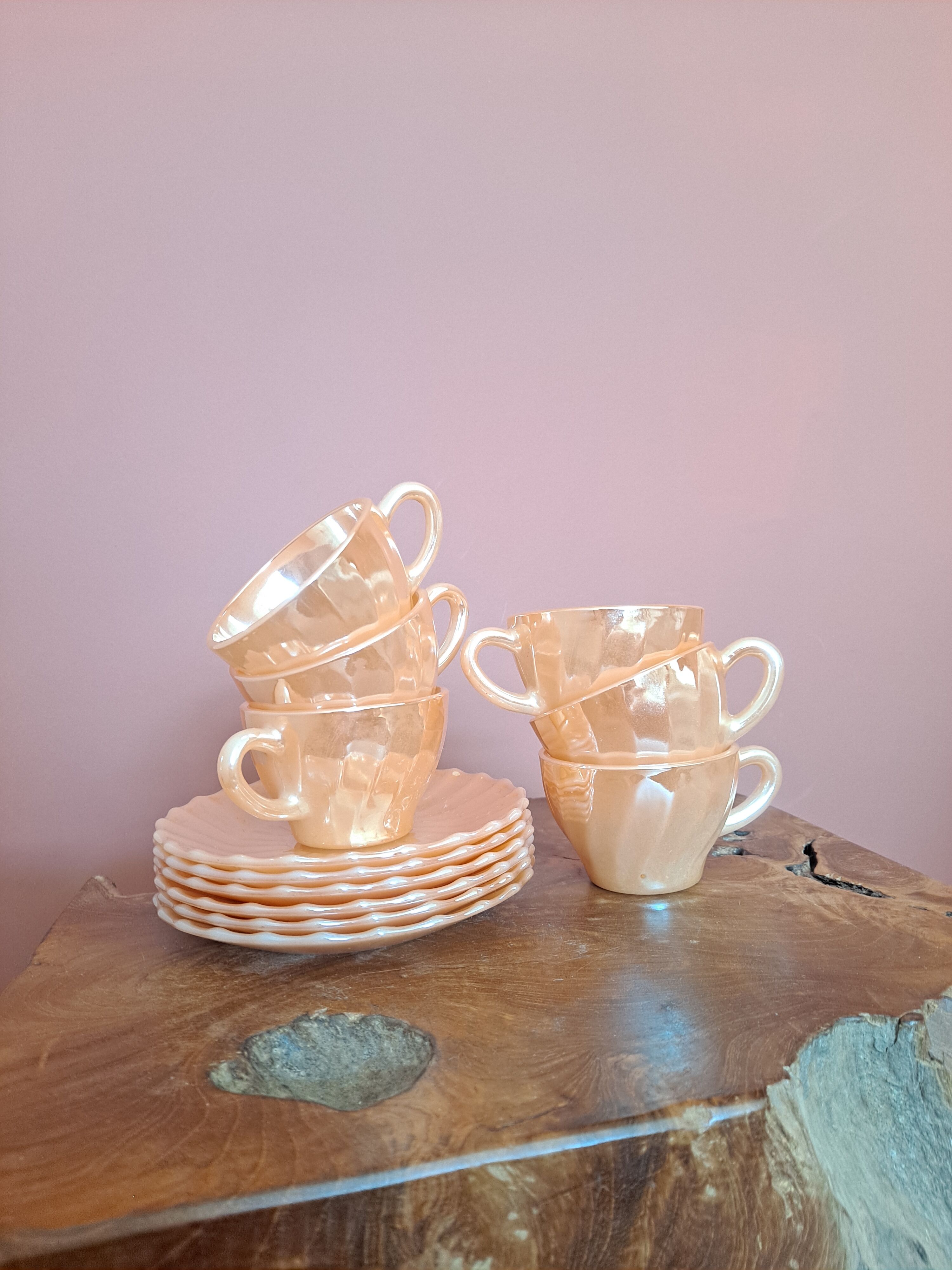 Coffee set 6 cups and sub-cups Termocrisa Mexico Pêche