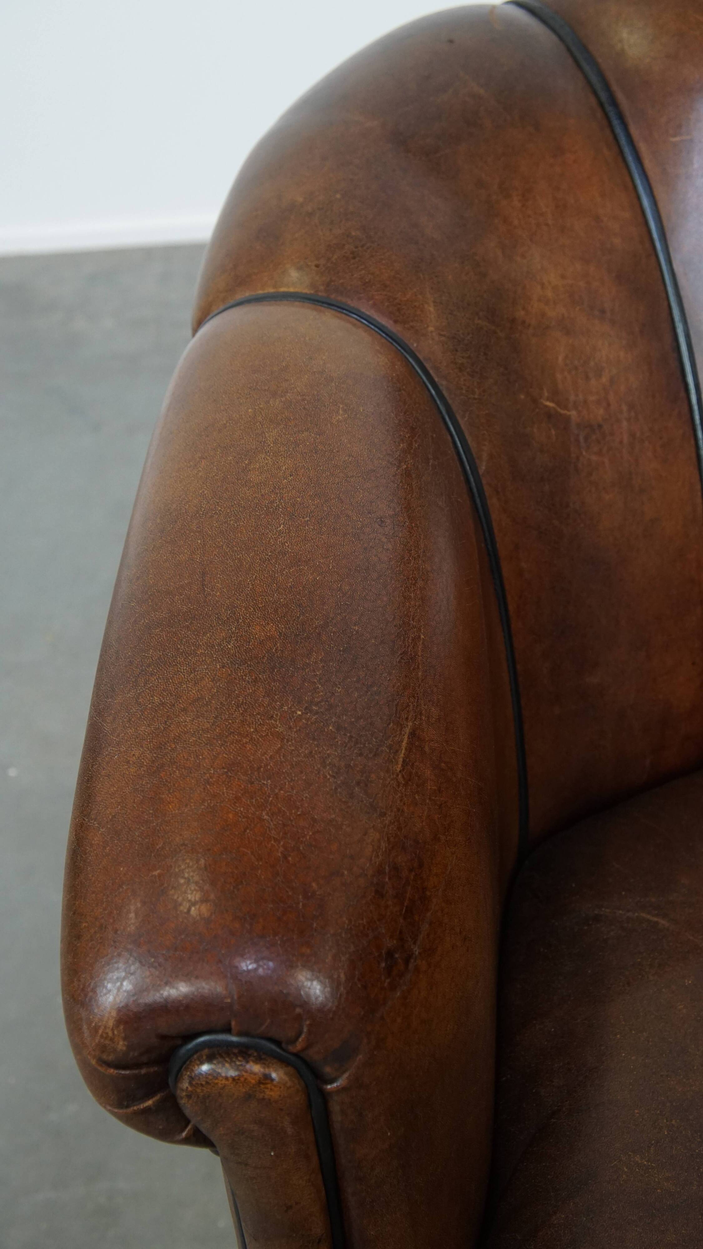 Dark Sheepskin Leather Club Chair with Black Piping