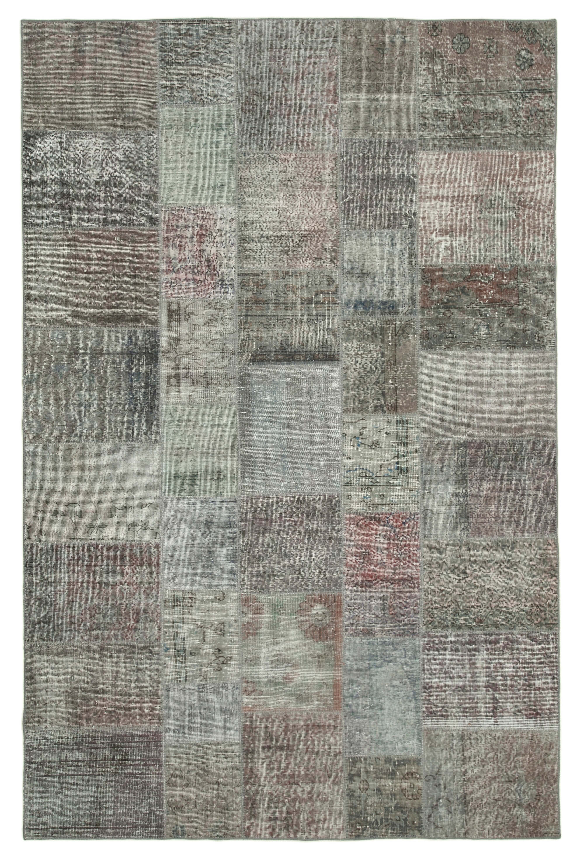 Hand-knotted oriental vintage 199 cm x 301 cm grey patchwork carpet