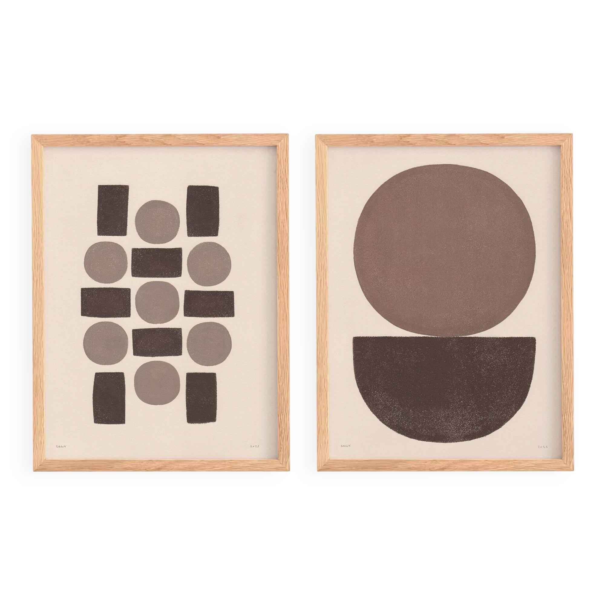 Duo of abstract paintings with geometric brown illustration signed Eawy.