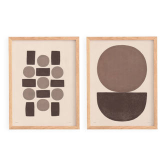 Duo of abstract paintings with geometric brown illustration signed Eawy.