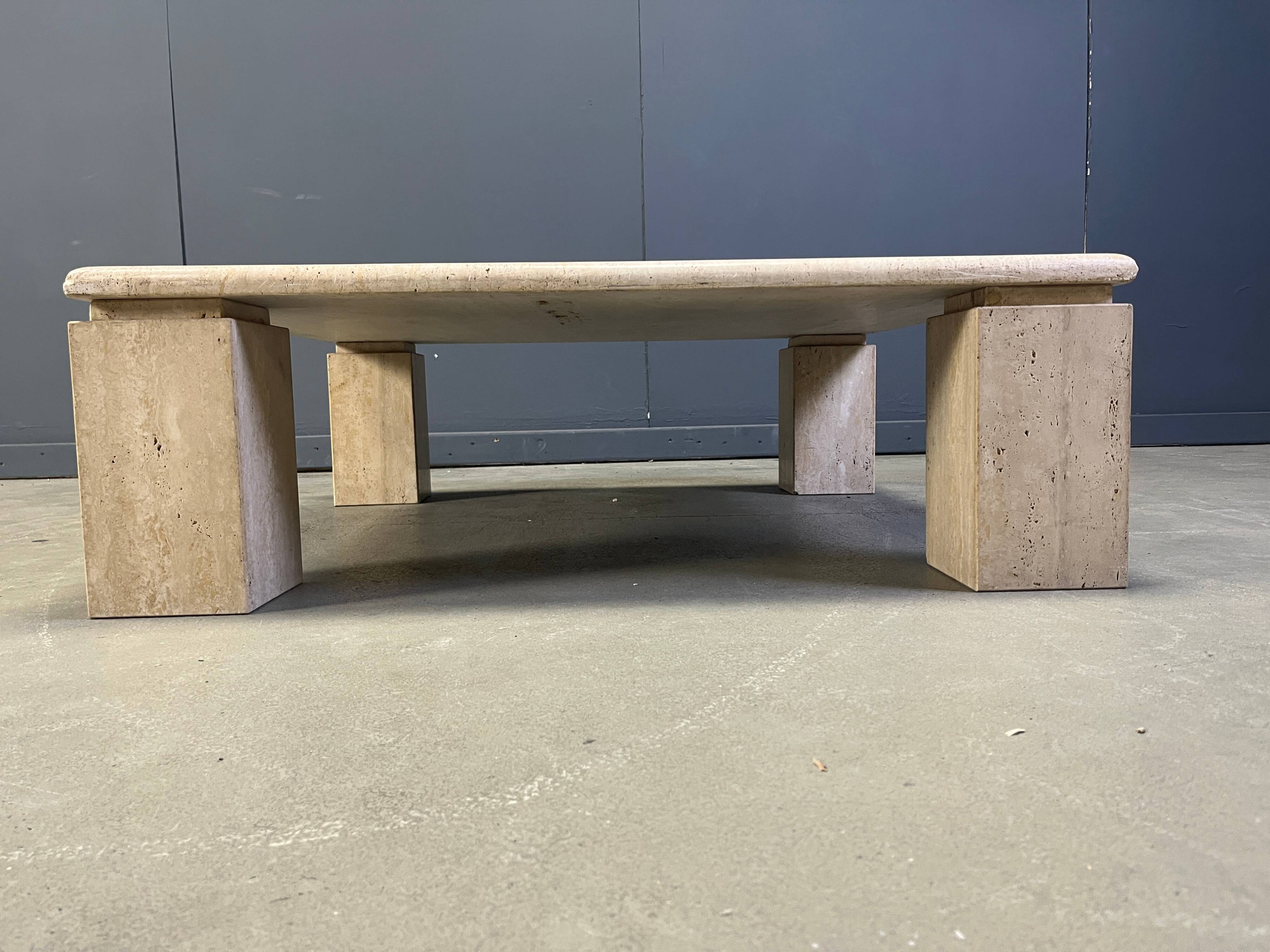 Vintage square four legged travertine coffee table, 1970s