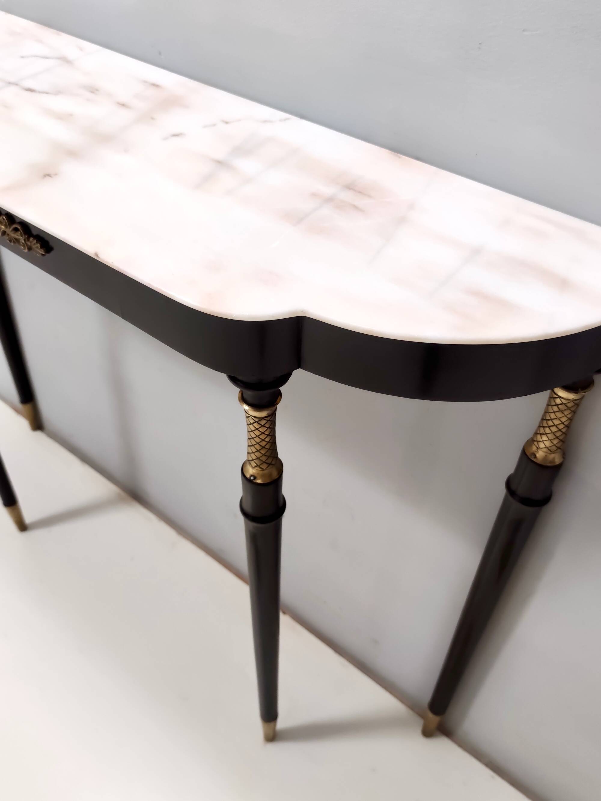 Vintage black lacquered beech console with a portuguese pink marble top, italy