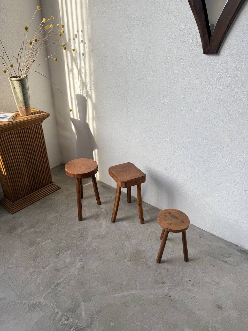 3 free-form oak tripod stools