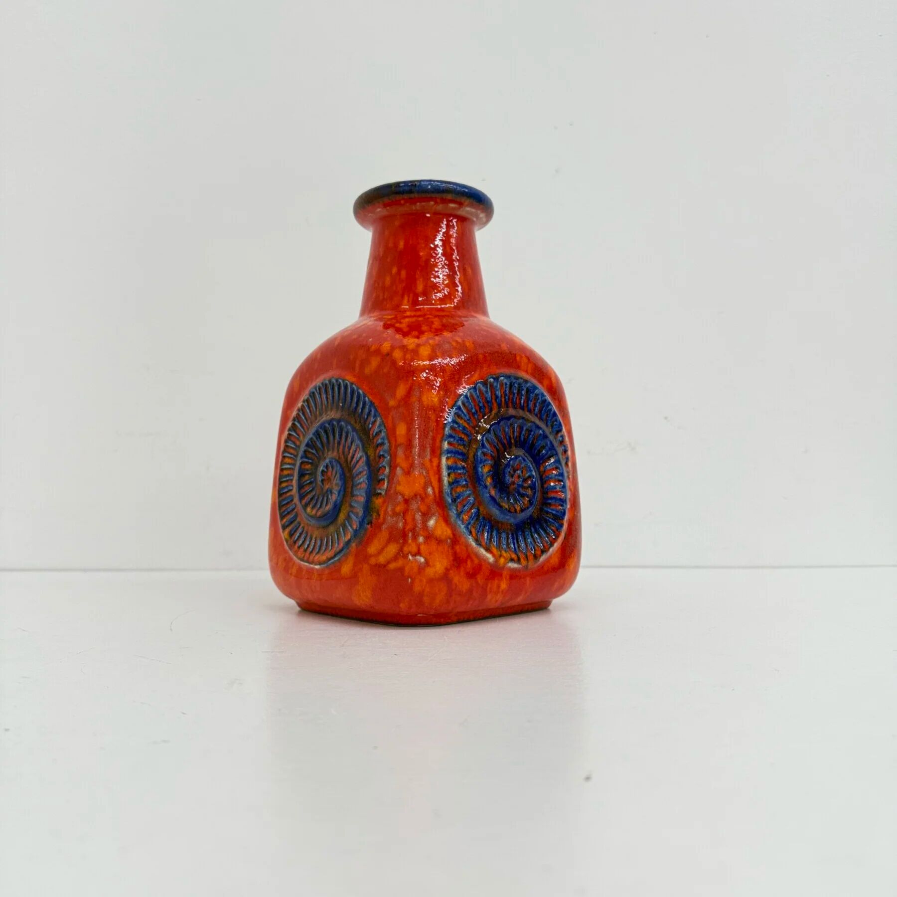 Scheurich West Germany Bay ceramic vase orange with blue fossils, 1970s