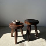 Tripod stool in upcycled teak high hollow - Small tripod stool in solid brown wood seat circ