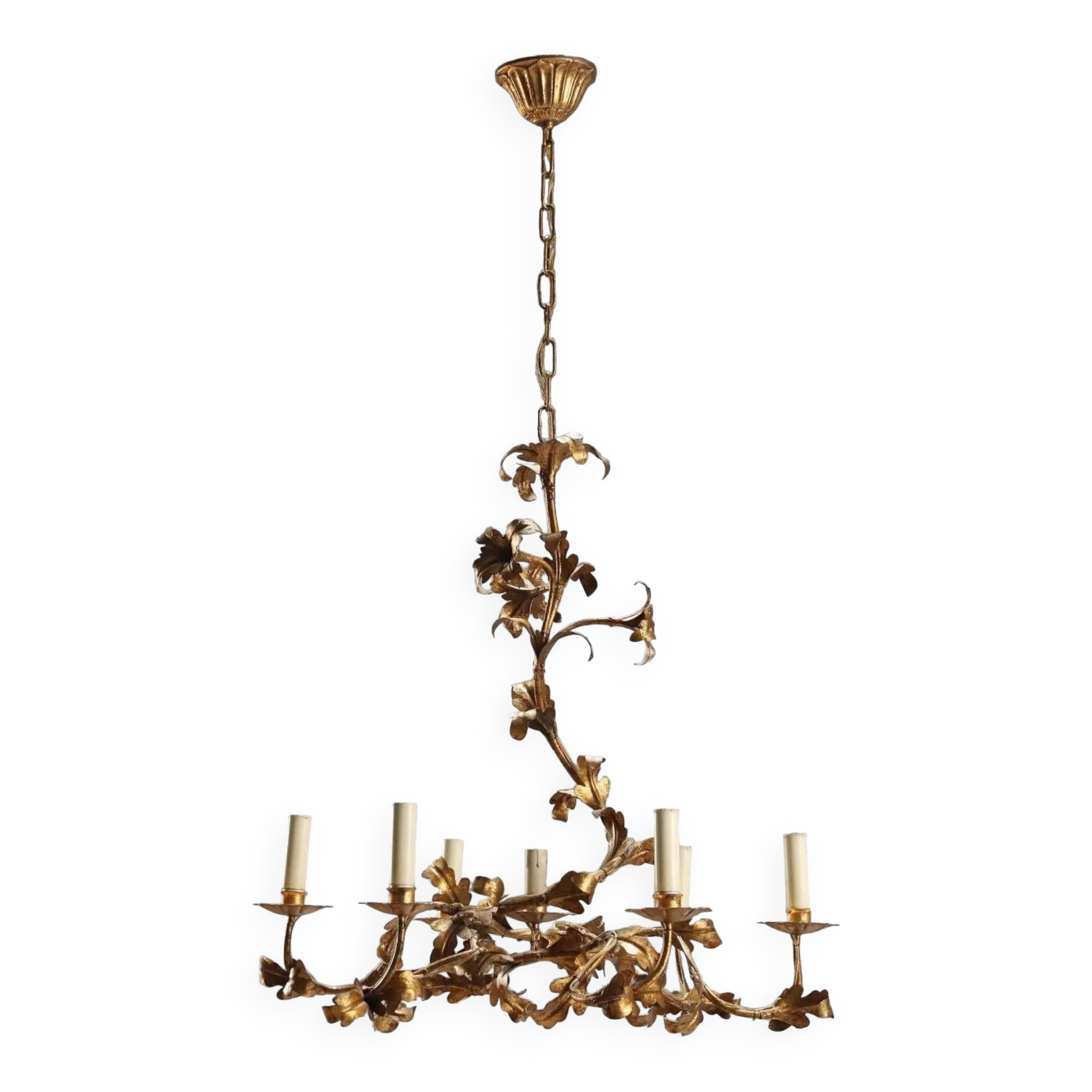 Lustre ancien en fer doré et tôle, Italie, XXe siècle