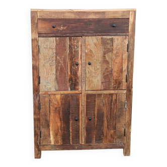 Meuble de rangement en bois ancien, 4 portes, 1 tiroir
